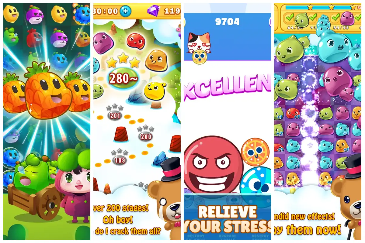 Opening screens from four titles listed on this page, captured on Google Play